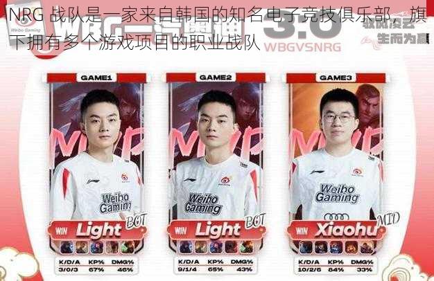 NRG 战队是一家来自韩国的知名电子竞技俱乐部,旗下拥有多个游戏项目的职业战队